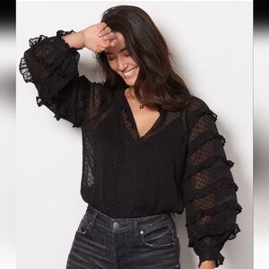 Cleobella Pheobe Mock Neck Sheer Black Long Sleeves Blouse